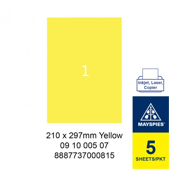 MAYSPIES 09 10 005 07 LABEL FOR INKJET / LASER / COPIER 5 SHEETS/PKT YELLOW 210X297MM